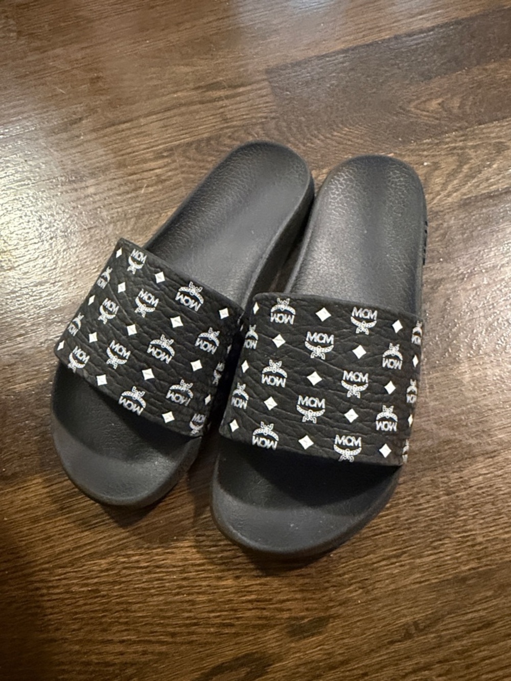 MCM Kids Black Logo Slide Sandals with White Accents